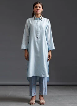Sky Blue Pure Chanderi Silk Embroidered Kurta Semi Palazzo Set Party Wear -Indo Clothing Shop sky blue pure chanderi silk embroidered kurta semi palazzo set krsdvcsvks34 u