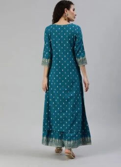 Teal Blue Cotton Zari Work Kurta Palazzo Set Party Wear -Indo Clothing Shop teal blue cotton zari work kurta palazzo set krshcqr3017 b