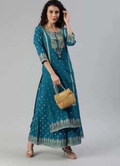 Teal Blue Cotton Zari Work Kurta Palazzo Set Party Wear -Indo Clothing Shop teal blue cotton zari work kurta palazzo set krshcqr3017 u