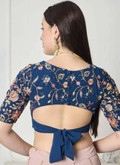 Teal Blue Gerogette Embroidered Blouse Festive Wear -Indo Clothing Shop teal blue gerogette embroidered blouse BLBS02307616 b