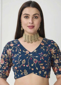 Teal Blue Gerogette Embroidered Blouse Festive Wear -Indo Clothing Shop teal blue gerogette embroidered blouse BLBS02307616 u