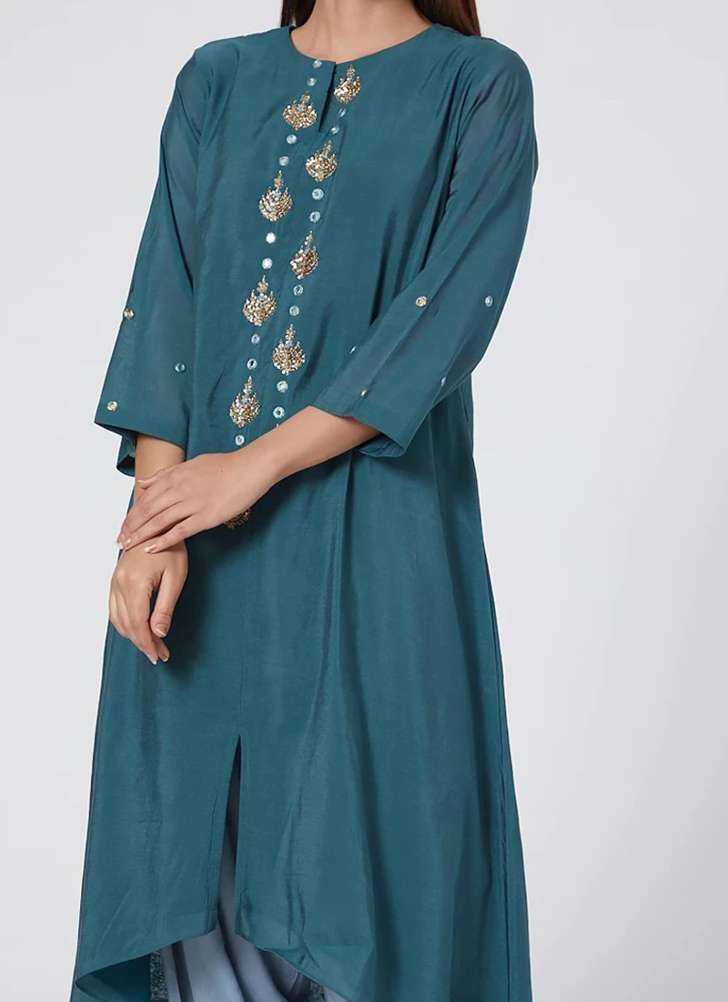 Teal Blue Pure Chanderi Silk Embroidered Kurta Dhoti Set Party Wear 1 Teal Blue Pure Chanderi Silk Embroidered Kurta Dhoti Set Party Wear