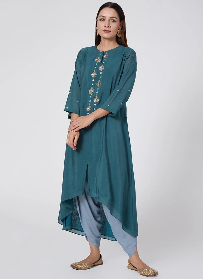 Teal Blue Pure Chanderi Silk Embroidered Kurta Dhoti Set Party Wear 3 Teal Blue Pure Chanderi Silk Embroidered Kurta Dhoti Set Party Wear - Image 3
