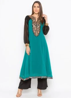 Teal Green Georgette Palazzo Set Party Wear -Indo Clothing Shop teal green georgette palazzo set krsmnkc1938 u