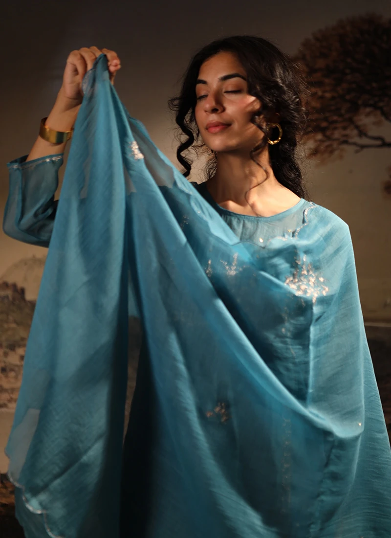 Turquoise Blue Chanderi Silk Embroidered Dupatta Party Wear 4 Turquoise Blue Chanderi Silk Embroidered Dupatta Party Wear - Image 4