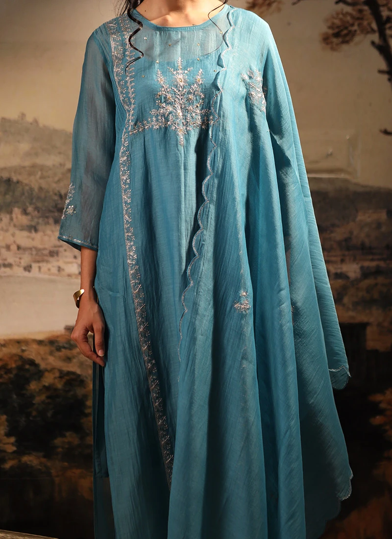 Turquoise Blue Chanderi Silk Embroidered Dupatta Party Wear 1 Turquoise Blue Chanderi Silk Embroidered Dupatta Party Wear