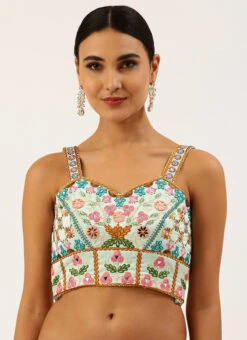 Turquoise Blue Silk Embroidered Work Blouse Party Wear -Indo Clothing Shop turquoise blue silk embroidered work blouse blspfb133tbl u