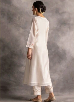 White Chanderi Silk Embroidered Straight Pant Suit Party Wear -Indo Clothing Shop white chanderi silk embroidered straight pant suit krdvc21 b
