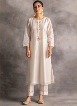 White Chanderi Silk Embroidered Straight Pant Suit Party Wear -Indo Clothing Shop white chanderi silk embroidered straight pant suit krdvc21 u
