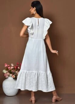 White Cotton Digital Print A Line Dress Work Wear -Indo Clothing Shop white cotton digital print a line dress drsoas1573 b