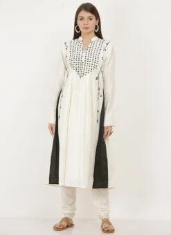 Cream Cotton Silk Embroidered Kurta Churidar Set After Six Wear -Indo Clothing Shop white cotton silk embroidered kurta churidar set krsjiw11 u