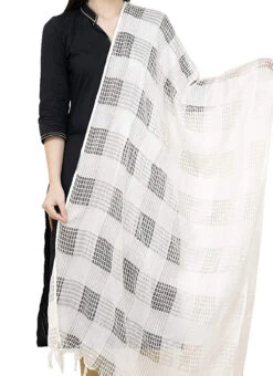 White Cotton Weaving Work Dupatta Work Wear