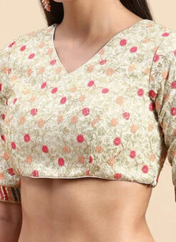 White Embroidered Art Silk V Neck Blouse Festive Wear