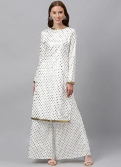 White Foil Print Knee Length Kurta Set Festive Wear -Indo Clothing Shop white foil print knee length kurta set KSBS02001245 u