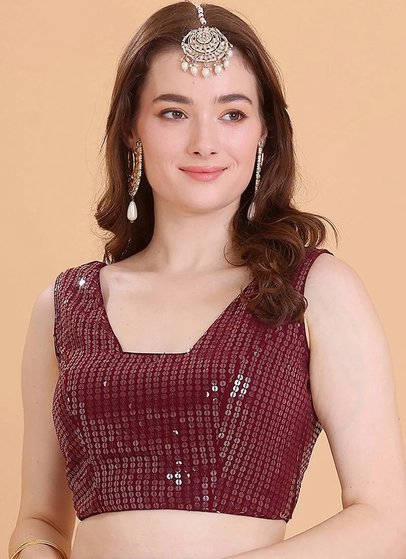 Wine Embroidered Georgette Blouse Festive Wear 3 Wine Embroidered Georgette Blouse Festive Wear - Image 3