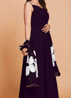 Wine Faux Georgette Digital Print Duppata Gown After Six Wear