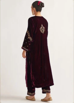 Wine Velvet Embroidered Straight Pant Suit Party Wear -Indo Clothing Shop wine velvet embroidered straight pant suit krdvc29 b