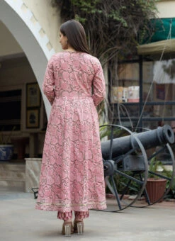 Women Pink Floral Printed Anarkali Top N Straight Pant Work Wear -Indo Clothing Shop women pink floral printed anarkali top n straight pant krsjsc348pi b