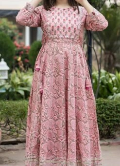 Women Pink Floral Printed Anarkali Top N Straight Pant Work Wear