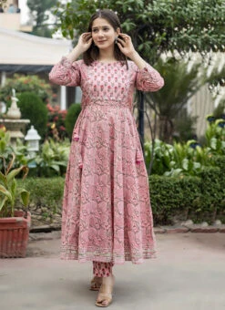 Women Pink Floral Printed Anarkali Top N Straight Pant Work Wear -Indo Clothing Shop women pink floral printed anarkali top n straight pant krsjsc348pi u