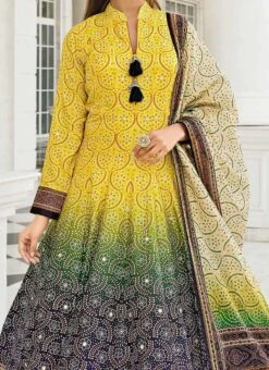Yellow Art Silk Ombre Bandhani Gown Party Wear