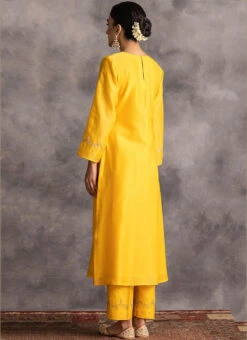 Yellow Chanderi Silk Embroidered Straight Pant Suit Party Wear -Indo Clothing Shop yellow chanderi silk embroidered straight pant suit krdvc15 b