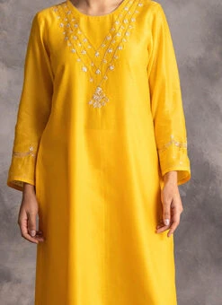 Yellow Chanderi Silk Embroidered Straight Pant Suit Party Wear