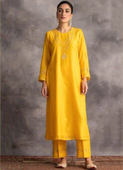 Yellow Chanderi Silk Embroidered Straight Pant Suit Party Wear -Indo Clothing Shop yellow chanderi silk embroidered straight pant suit krdvc15 u