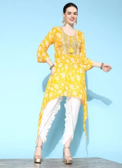 Yellow Cotton Printed Kurta Dhoti Set After Six Wear -Indo Clothing Shop yellow cotton printed kurta dhoti set krsmz276733y u
