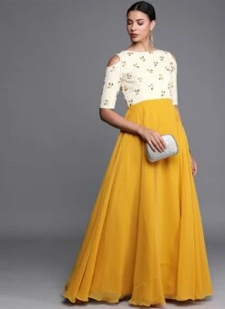 Yellow Embroidered Boat Neckline Gown Festive Wear -Indo Clothing Shop yellow embroidered boat neckline gown IWBS01910299 u