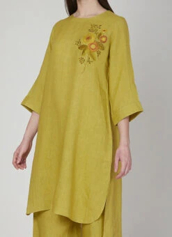 Yellow Green Linen Kurta Palazzo Set Work Wear
